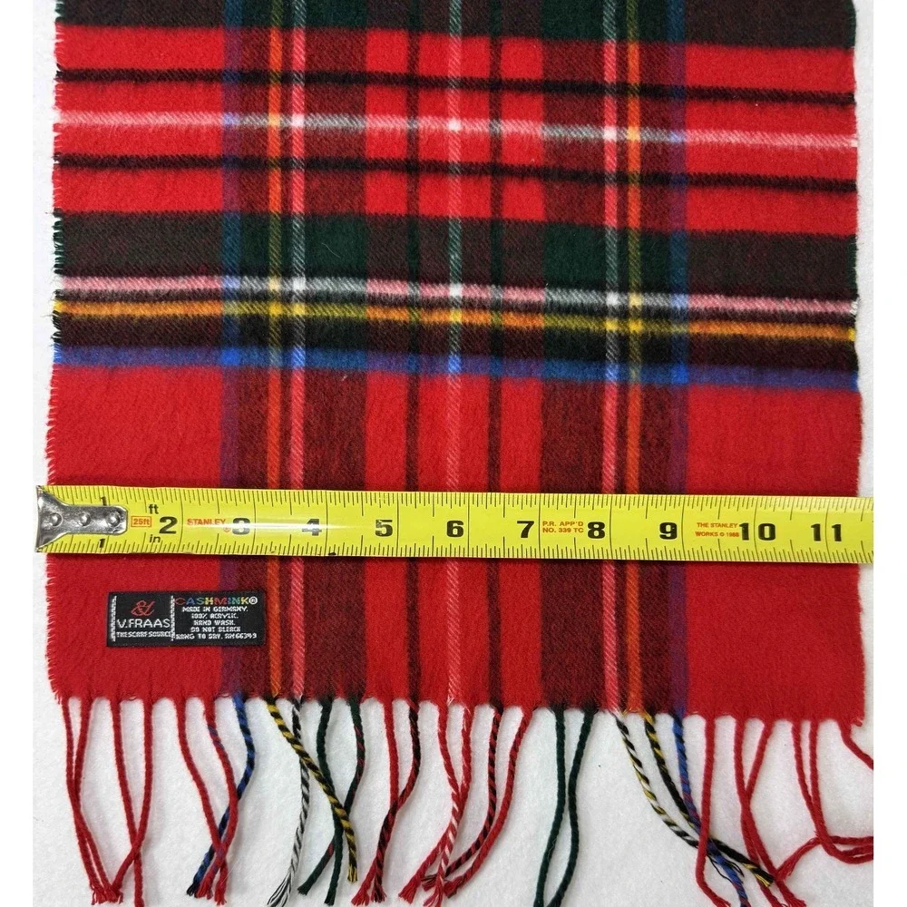 V Fraas Cashmink Scarf Red Tartan Plaid Made in West Germany Fringe Soft Vintage